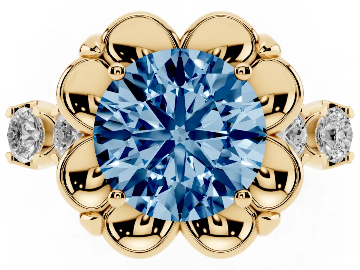 Fancy Blue Round Cut Cut Diamond Floral Halo Engagement Ring with Shared Prong Setting Yellow gold