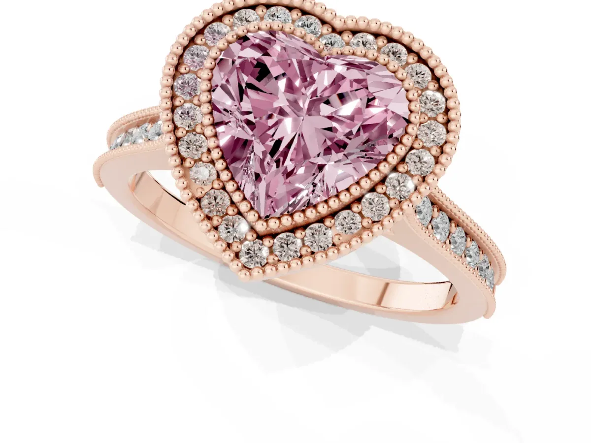 Fancy Pink Halo Heart Cut-Cut Diamond Pave Band Milgrain Prong Setting Ring Rose gold