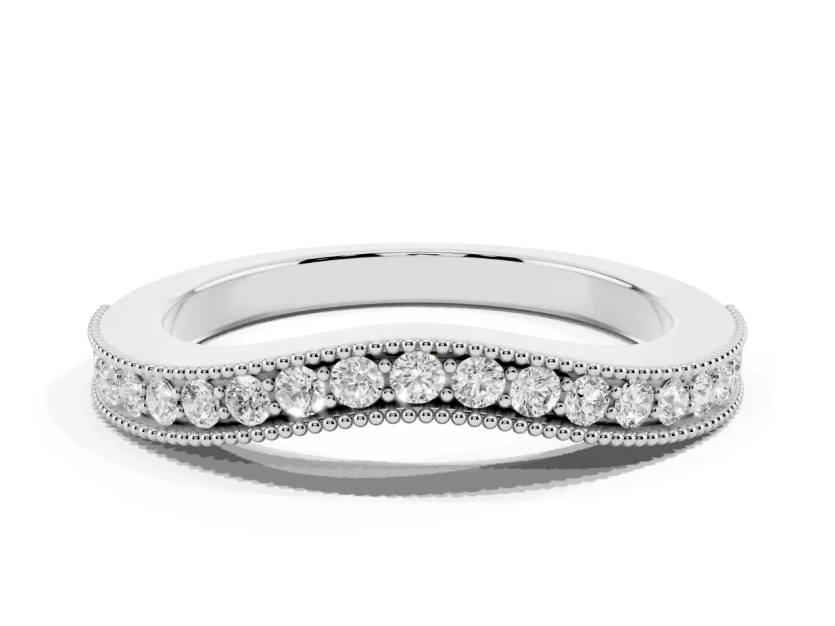 Round Brilliant Milgrain Bezel Set Diamond Wave Band Silver