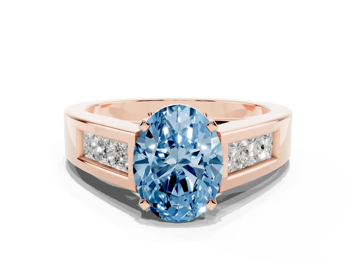 Fancy Blue Oval Cut Cut Channel Set Solitaire Ring with Four-Prong Setting Rose gold