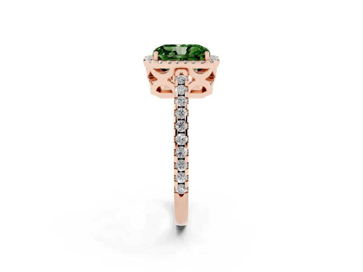 Fancy Green Radiant Cut Diamond Halo Engagement Ring with Pavé Band and Prong Setting Rose gold