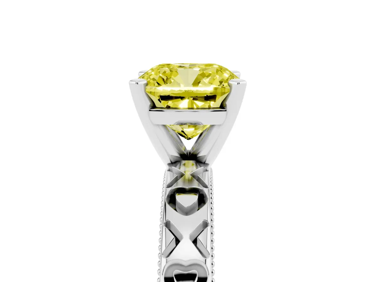 Fancy Yellow Cushion Cut Solitaire Diamond Engagement Ring with XO Engraved Band and Four-Prong Setting Platinum