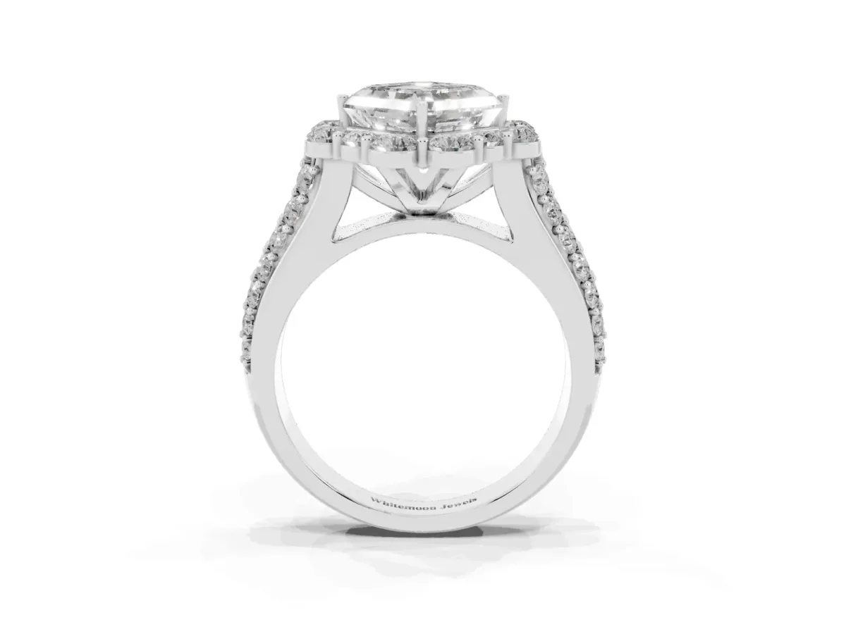 Asscher Cut Halo Diamond Engagement Ring with Split Shank and Prong Setting Silver