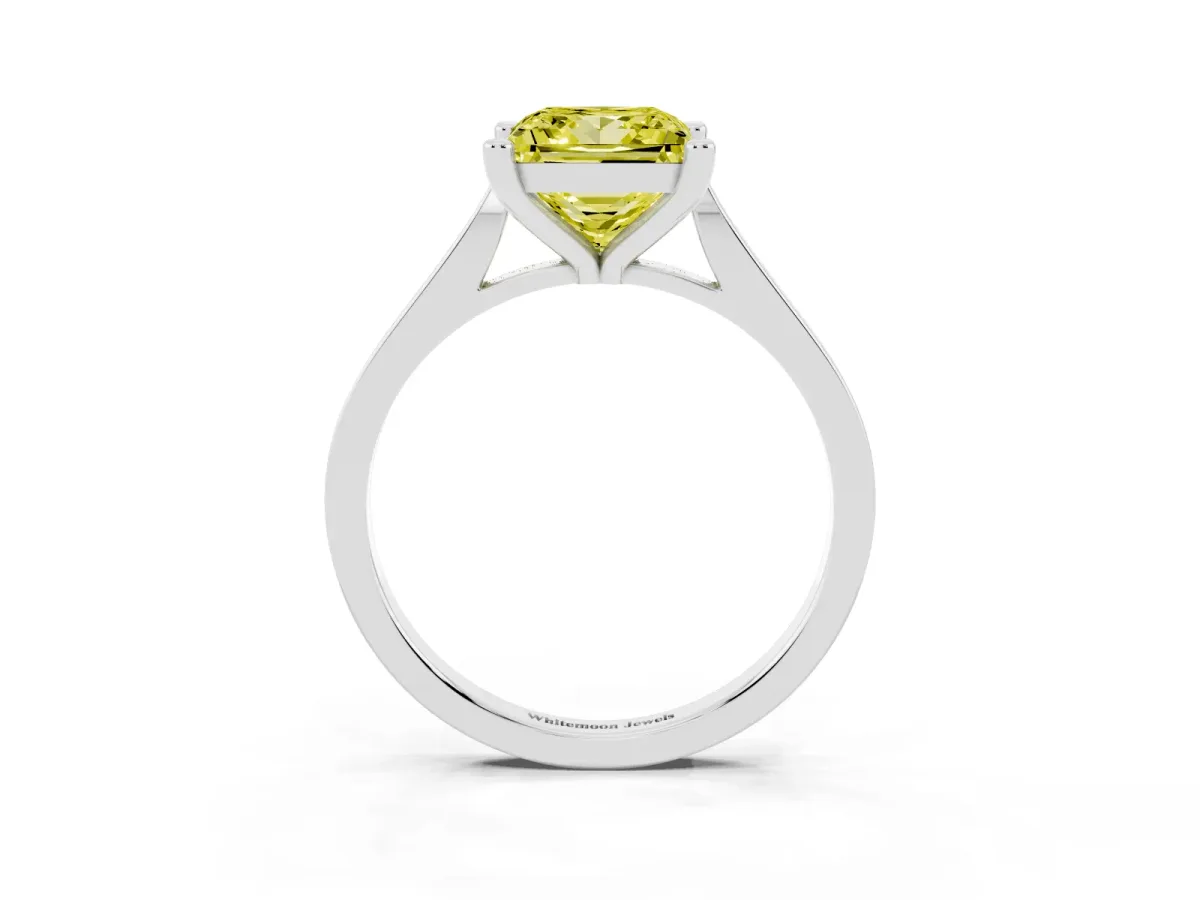 Fancy Yellow Princess Cut Solitaire Diamond Ring with Four-Prong Setting and Tapered Band White gold