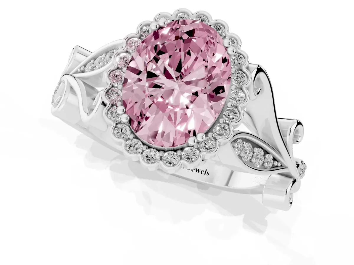 Fancy Pink Oval Cut Diamond Halo Ring with Vintage Split Shank and Four-Prong Setting Silver