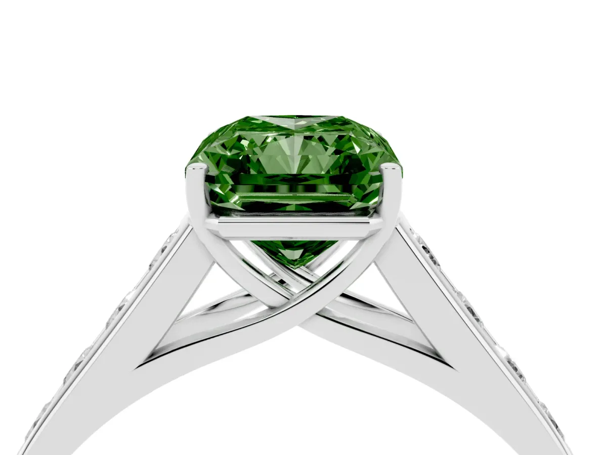 Fancy Green Radiant Cut Brilliant Channel-Set Solitaire Ring with Four-Prong Setting Silver