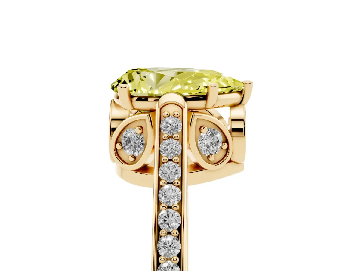 Fancy Yellow Pear Cut Cut Cathedral Pave Diamond Engagement Ring with Six-Prong Setting Yellow gold