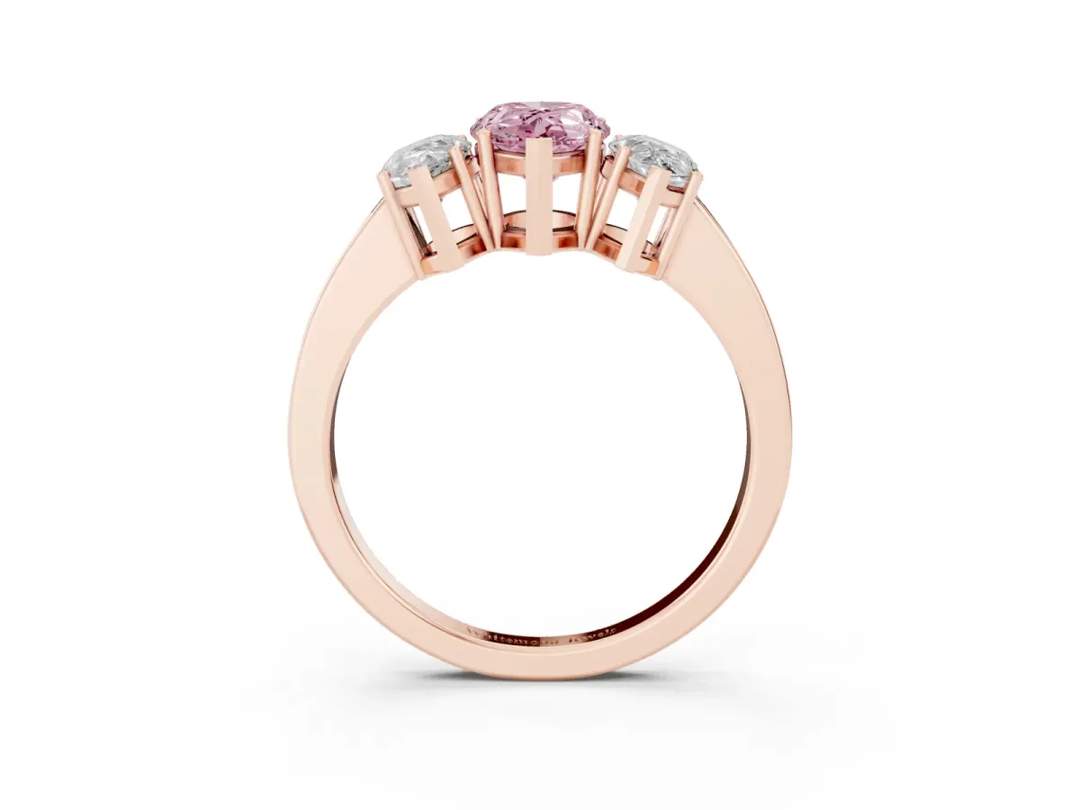 Fancy Pink Three-Stone Pear Cut Cut Diamond Engagement Ring with Flat Band and Four-Prong Setting Rose gold