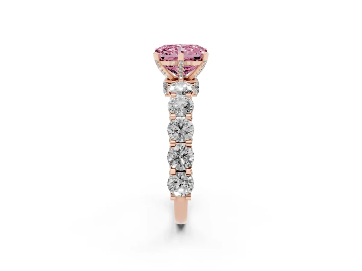 Fancy Pink Radiant Cut Diamond Side Stone Engagement Ring with Four-Prong Setting Rose gold