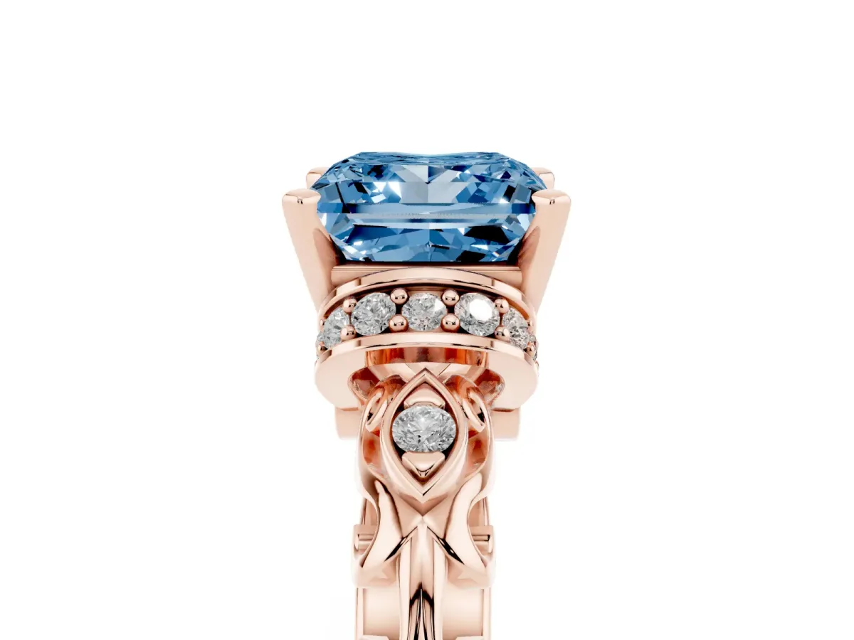 Fancy Blue Princess Cut Diamond Solitaire Ring with Filigree Band and Four-Prong Setting Rose gold