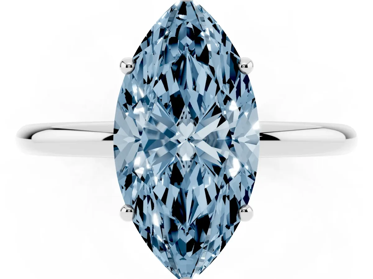 Fancy Blue Marquise Cut Solitaire Diamond Ring with a Classic Band and Four-Prong Setting White gold