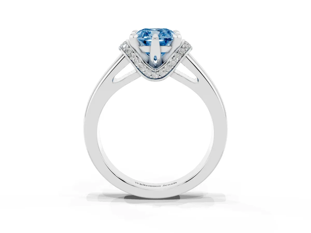 Fancy Blue Cushion Cut Solitaire Diamond Ring with Pave Band and Six-Prong Setting Silver