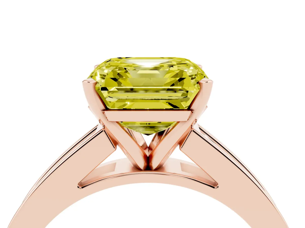 Fancy Yellow Asscher Cut Solitaire Diamond Ring with Channel-Set Band and Four-Prong Setting Rose gold