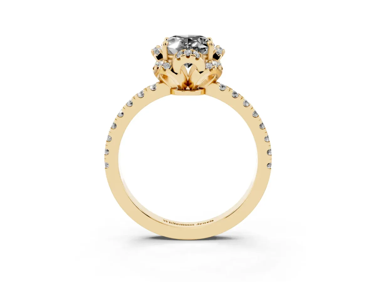 Fancy Black Oval Cut Diamond Halo Pave Band with Four-Prong Setting Yellow gold