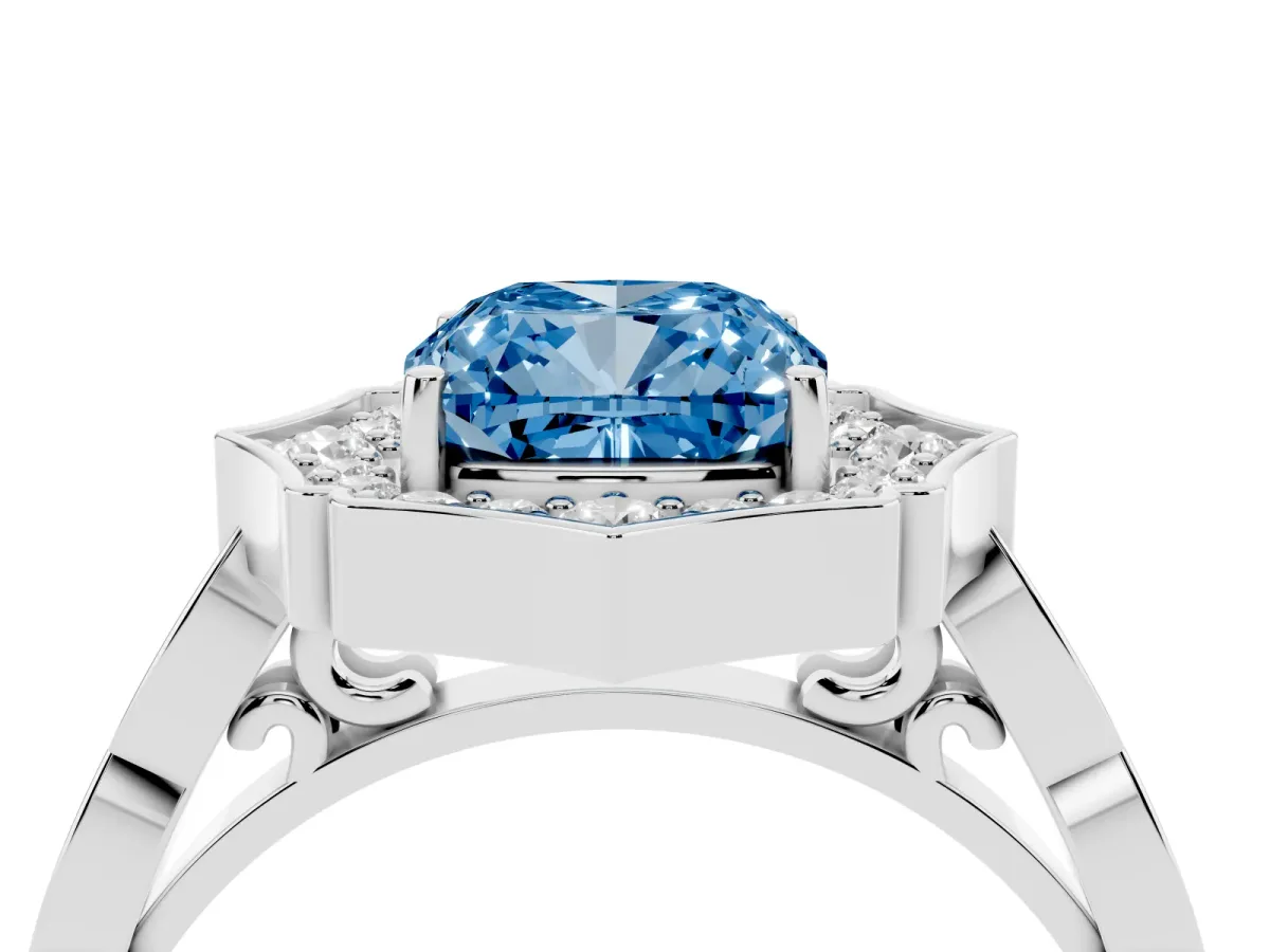 Fancy Blue Cushion Cut Halo Diamond Engagement Ring with Milgrain Band and Four-Prong Setting Platinum