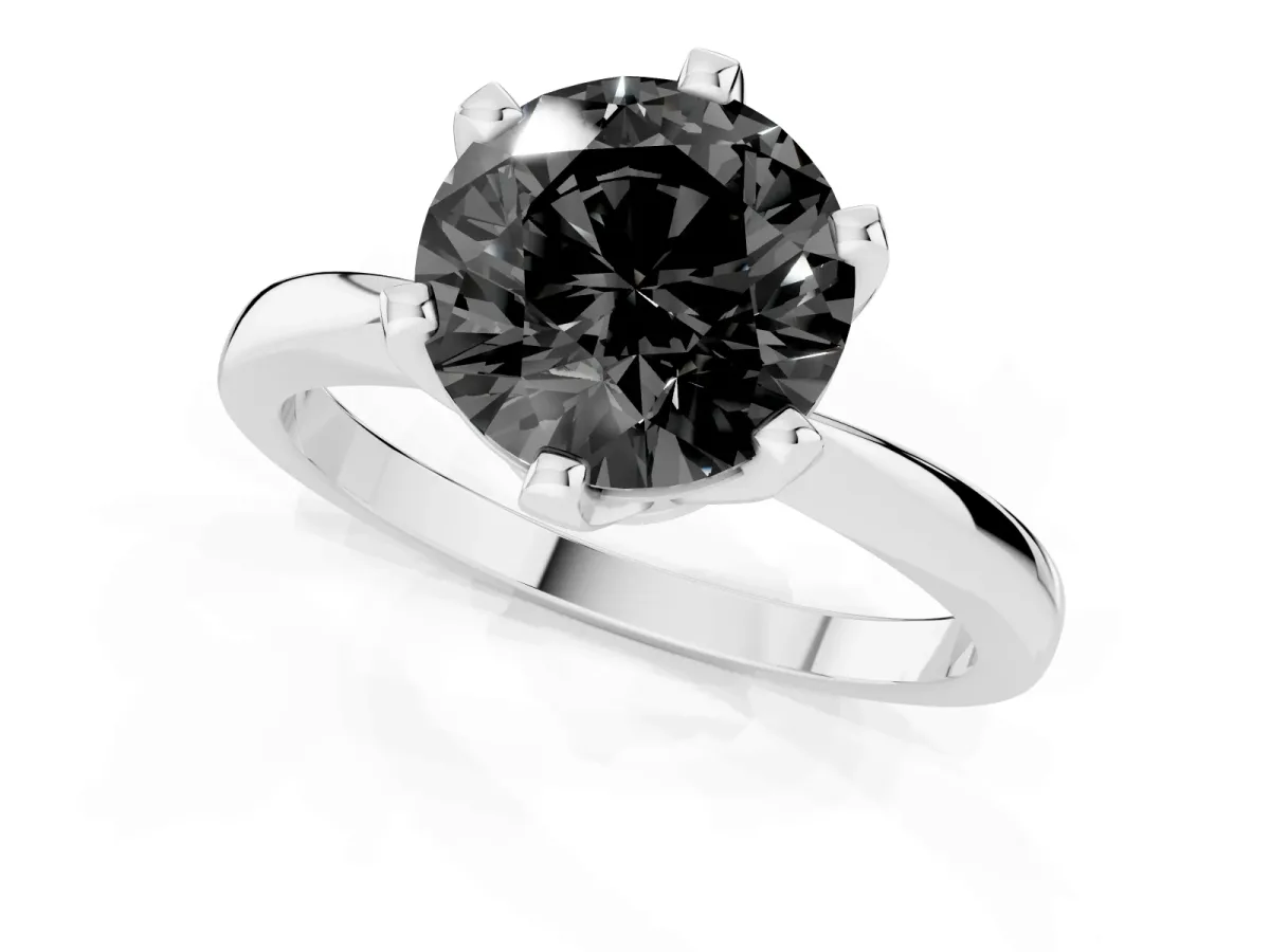 Fancy Black Round Cut Solitaire Engagement Ring with Six-Prong Setting and Tapered Band White gold