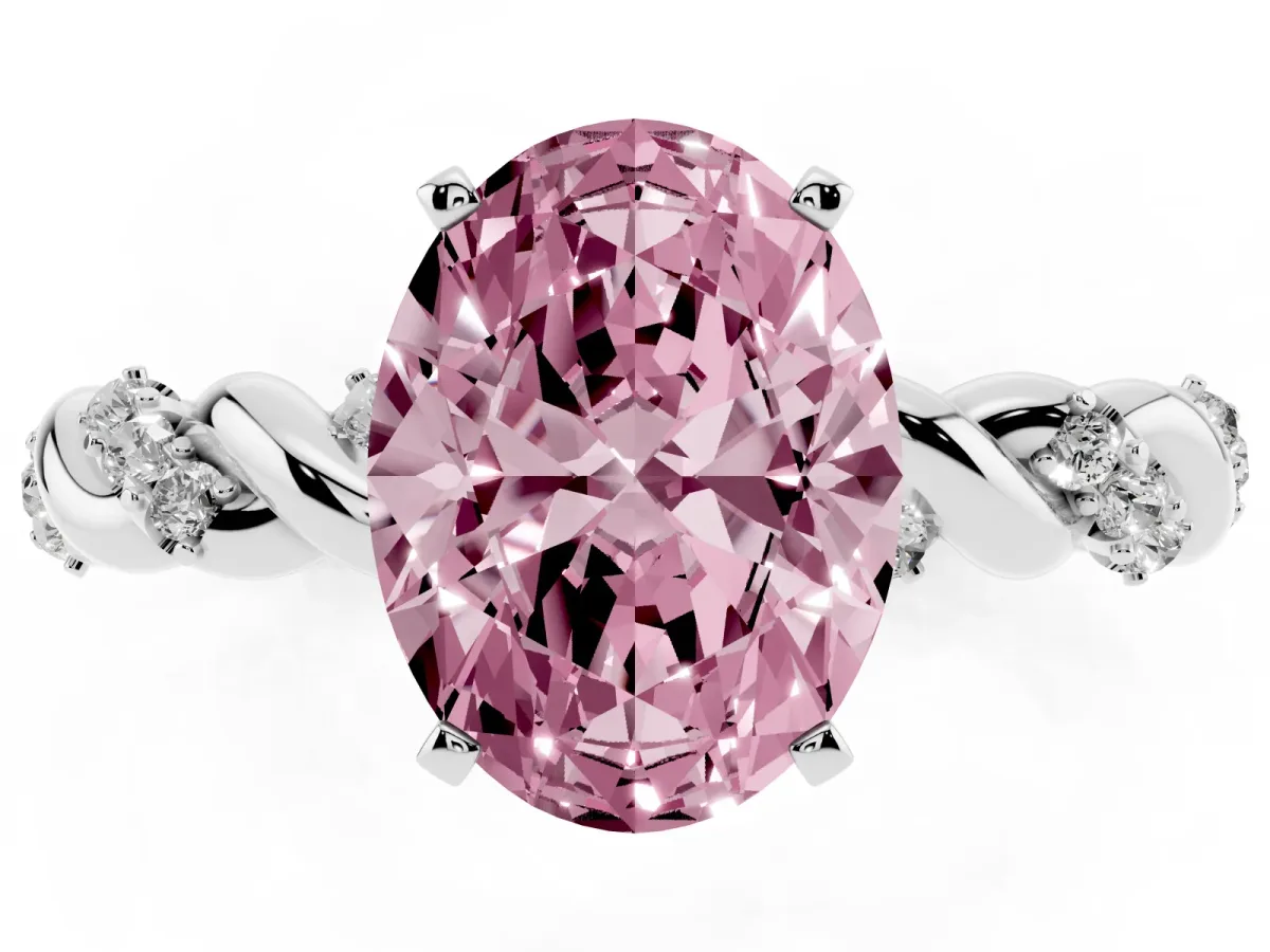 Fancy Pink Oval Cut Diamond Solitaire Ring with Twisted Band and Pavé Accents Silver