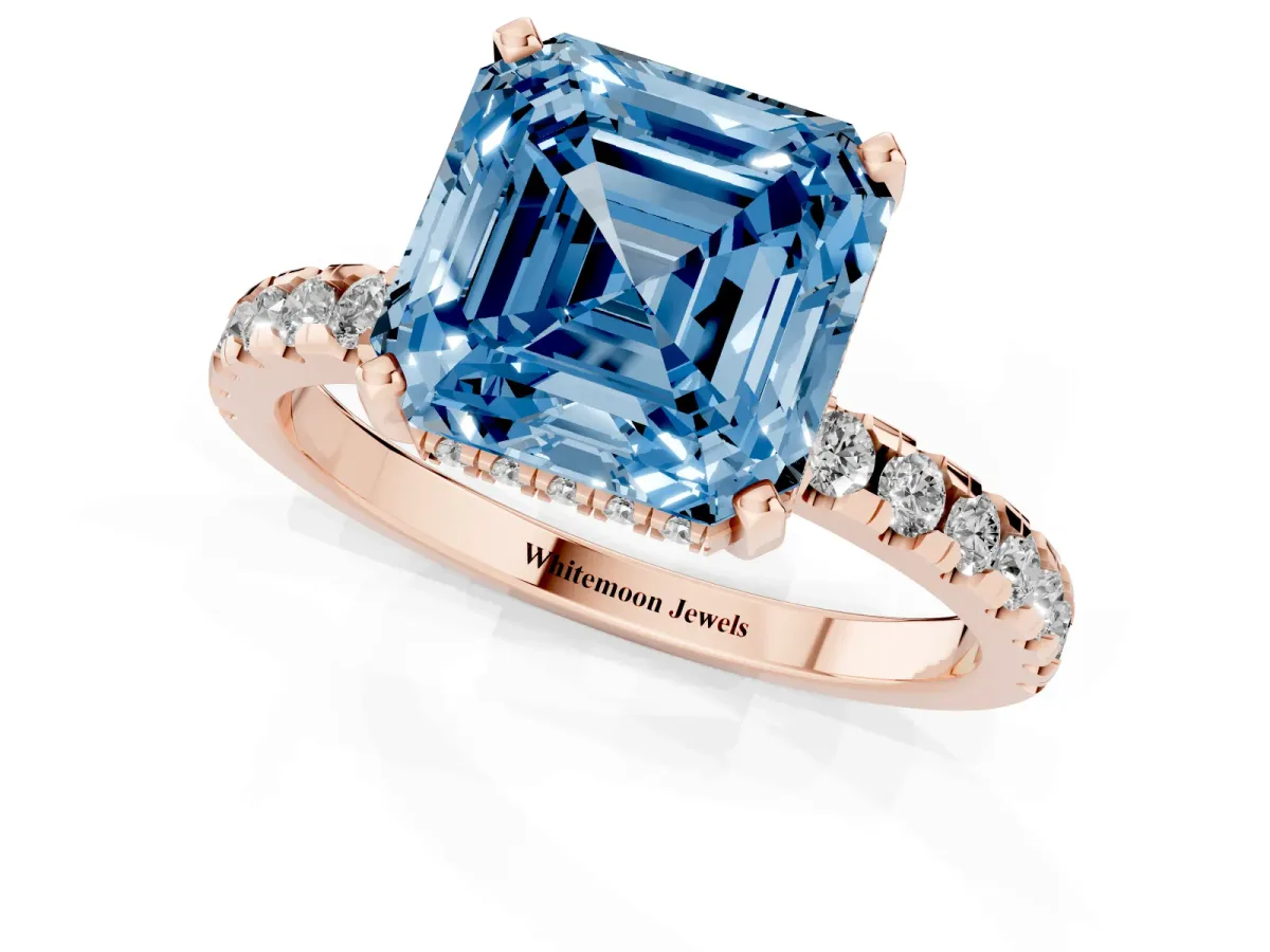 Fancy Blue Asscher Cut Diamond Solitaire Ring with Round Pavé Band and Four-Prong Setting Rose gold