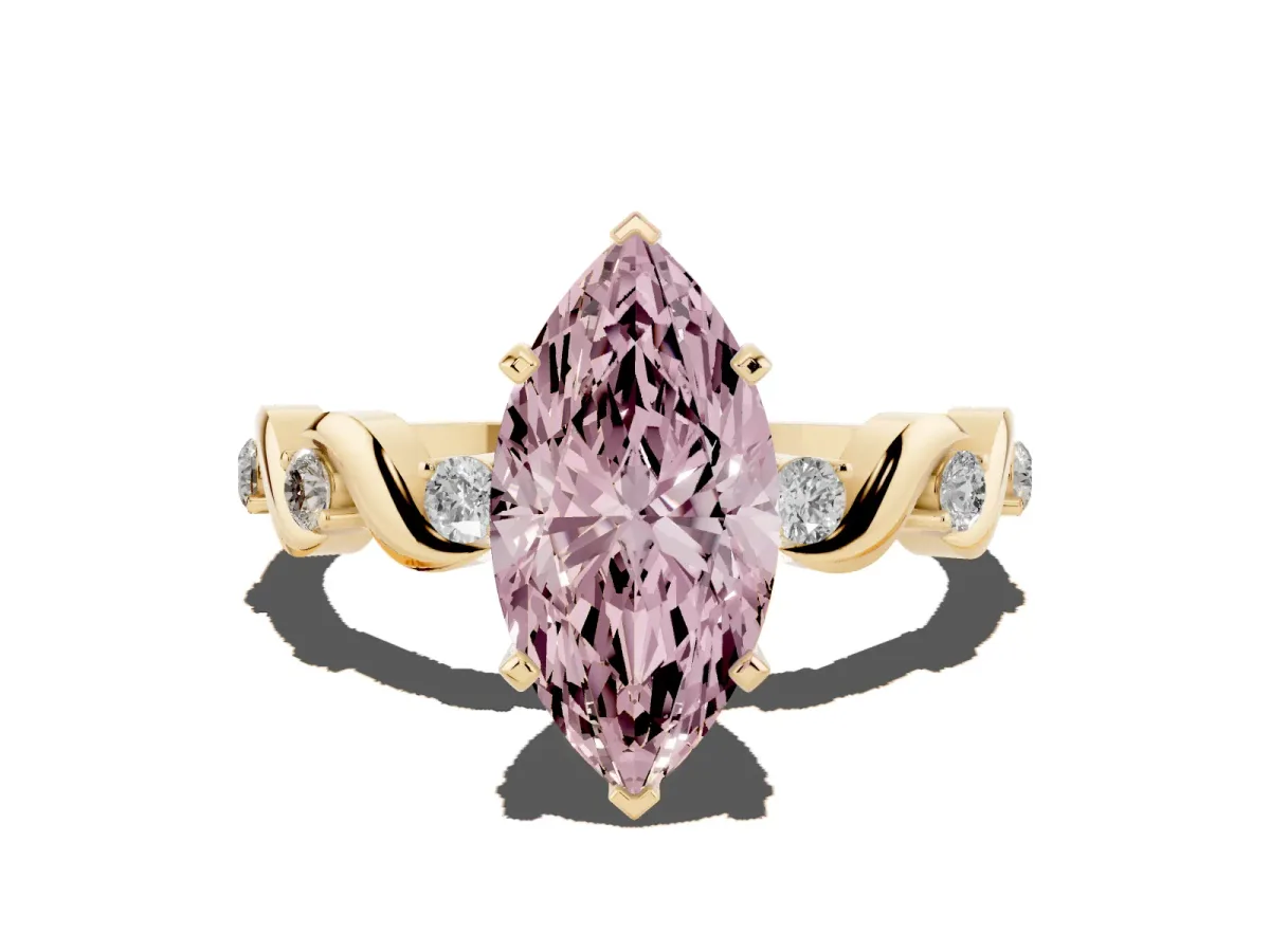 Fancy Pink Marquise Cut Diamond Solitaire Twisted Band with Round Accents and Prong Setting Yellow gold