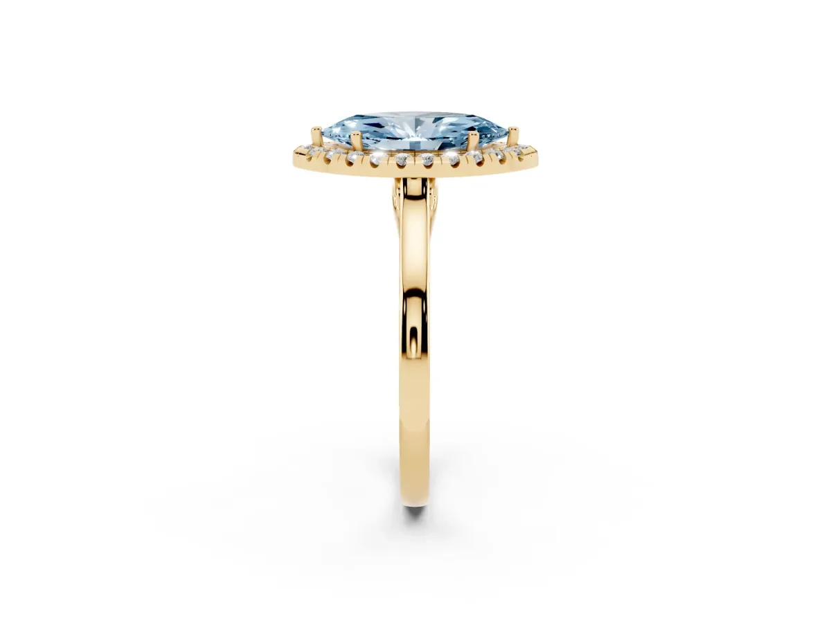 Fancy Blue Marquise Cut Halo Round Diamond Solitaire Ring with Pavé Band and Four-Prong Setting Yellow gold