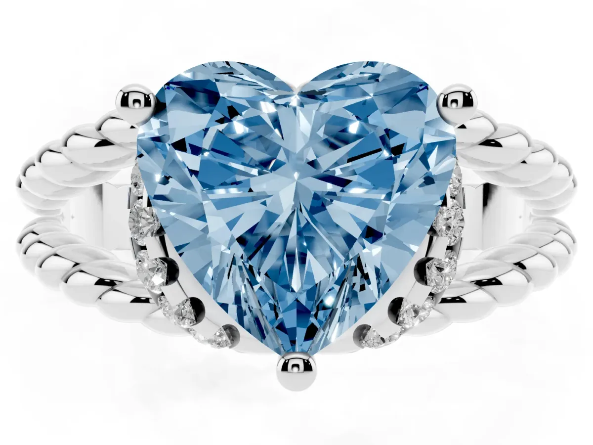 Fancy Blue Heart Cut Halo Twisted Band Four-Prong Ring Silver