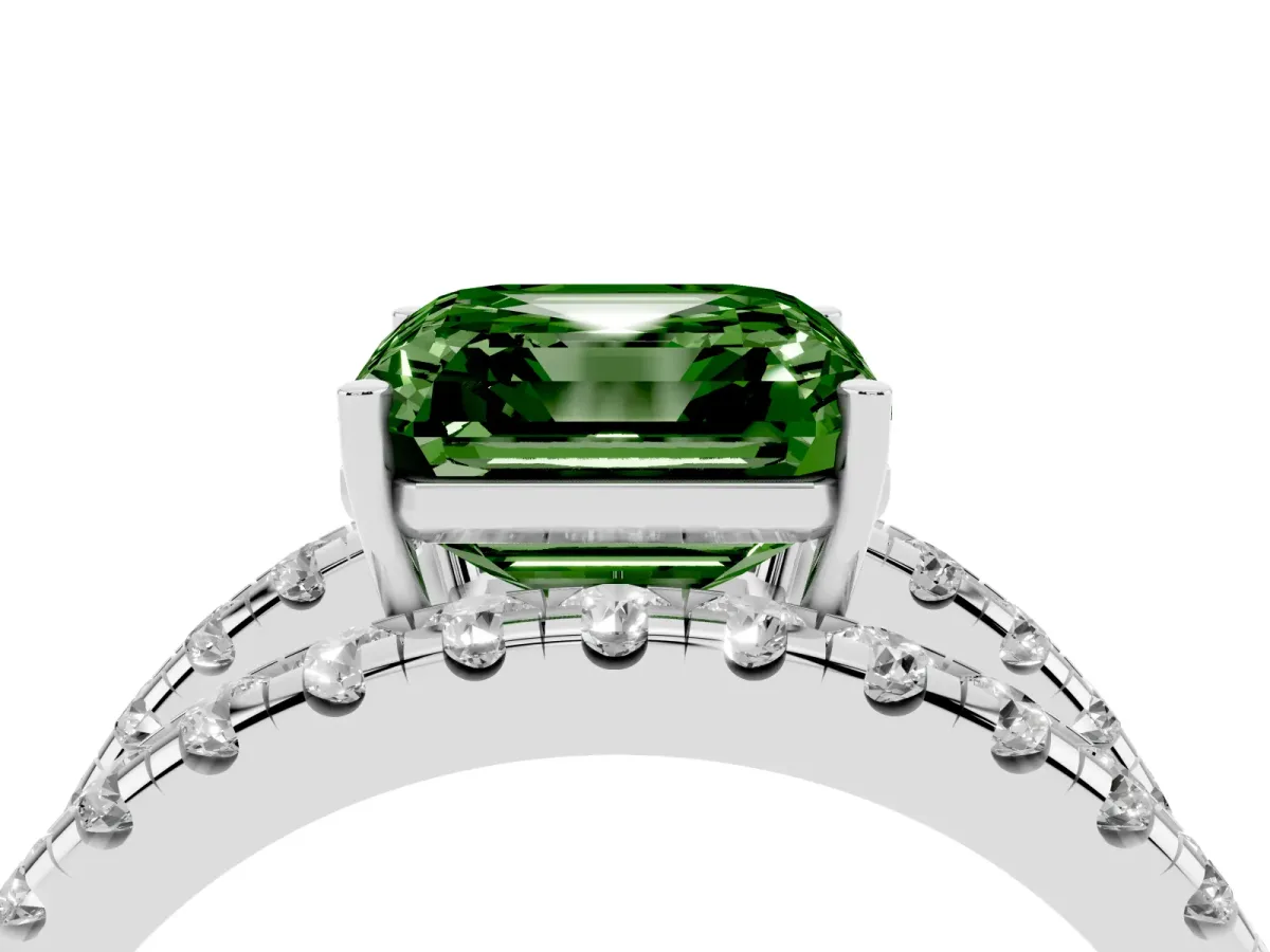 Fancy Green Asscher Cut Solitaire Split Shank Pave Diamond Ring Platinum