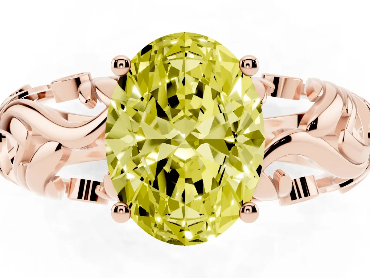Fancy Yellow Oval Cut Solitaire Diamond Leaf-Inspired Vine Band Ring with Prong Setting Rose gold