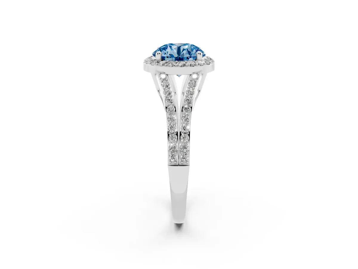 Fancy Blue Round Cut Halo Split Shank Diamond Ring with Prong Setting Platinum