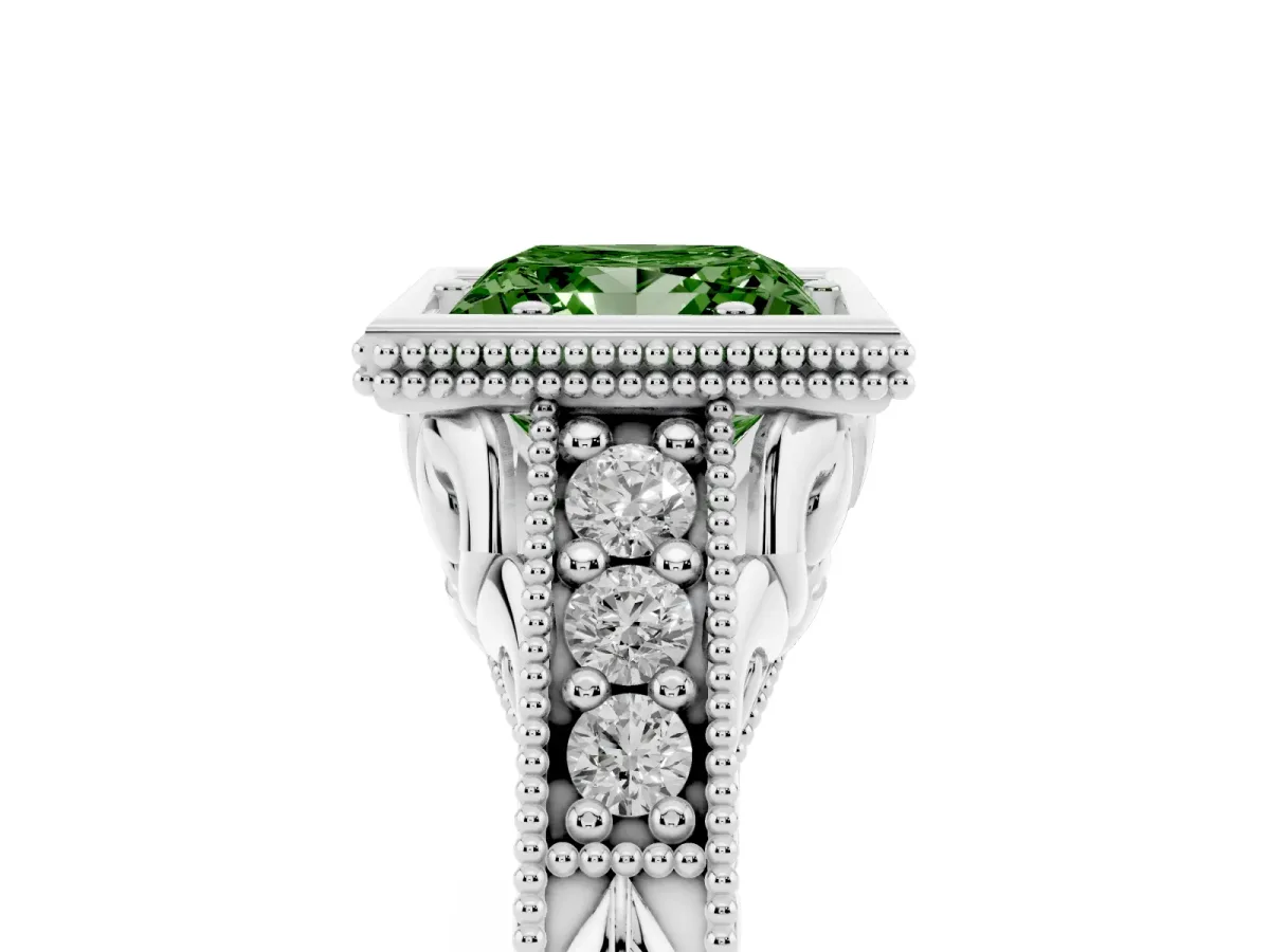 Fancy Green Bezel Set Princess Cut Diamond Milgrain Pave Engagement Ring Silver