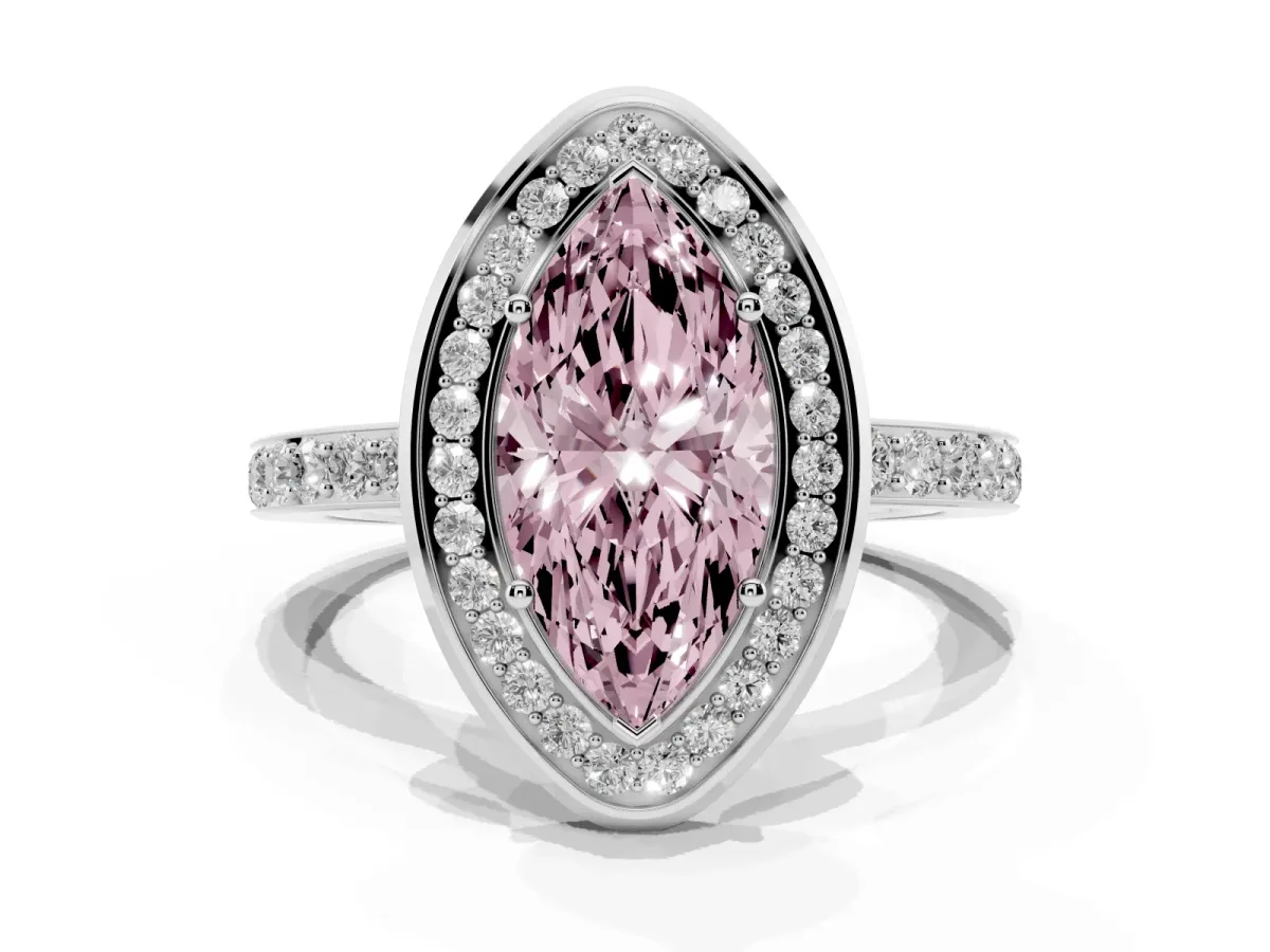 Fancy Pink Marquise Cut Diamond Halo Ring with Bezel Frame and Pavé Band White gold
