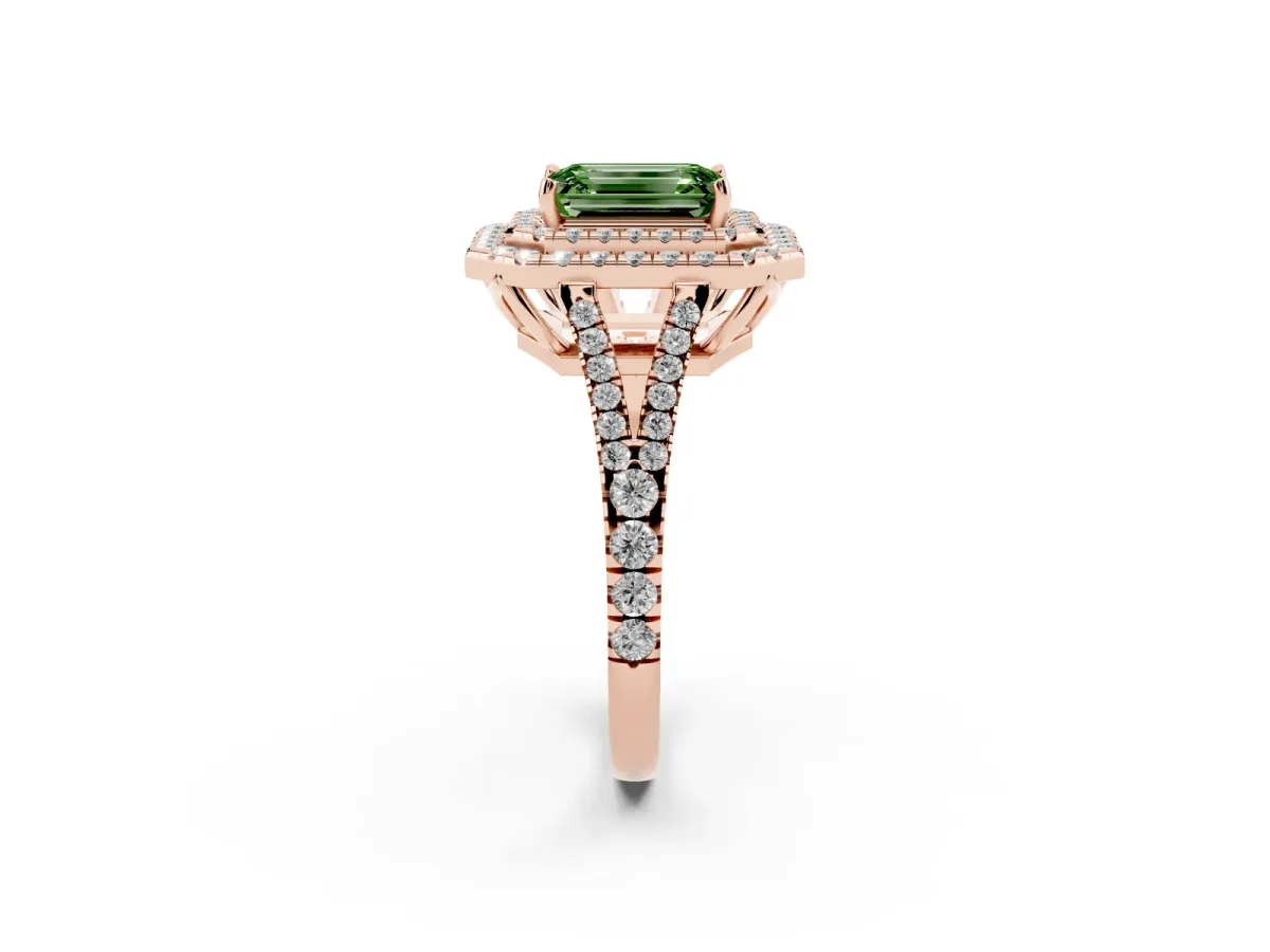 Fancy Green Emerald Cut Diamond Double Halo Ring with Pavé Band and Prong Setting Rose gold