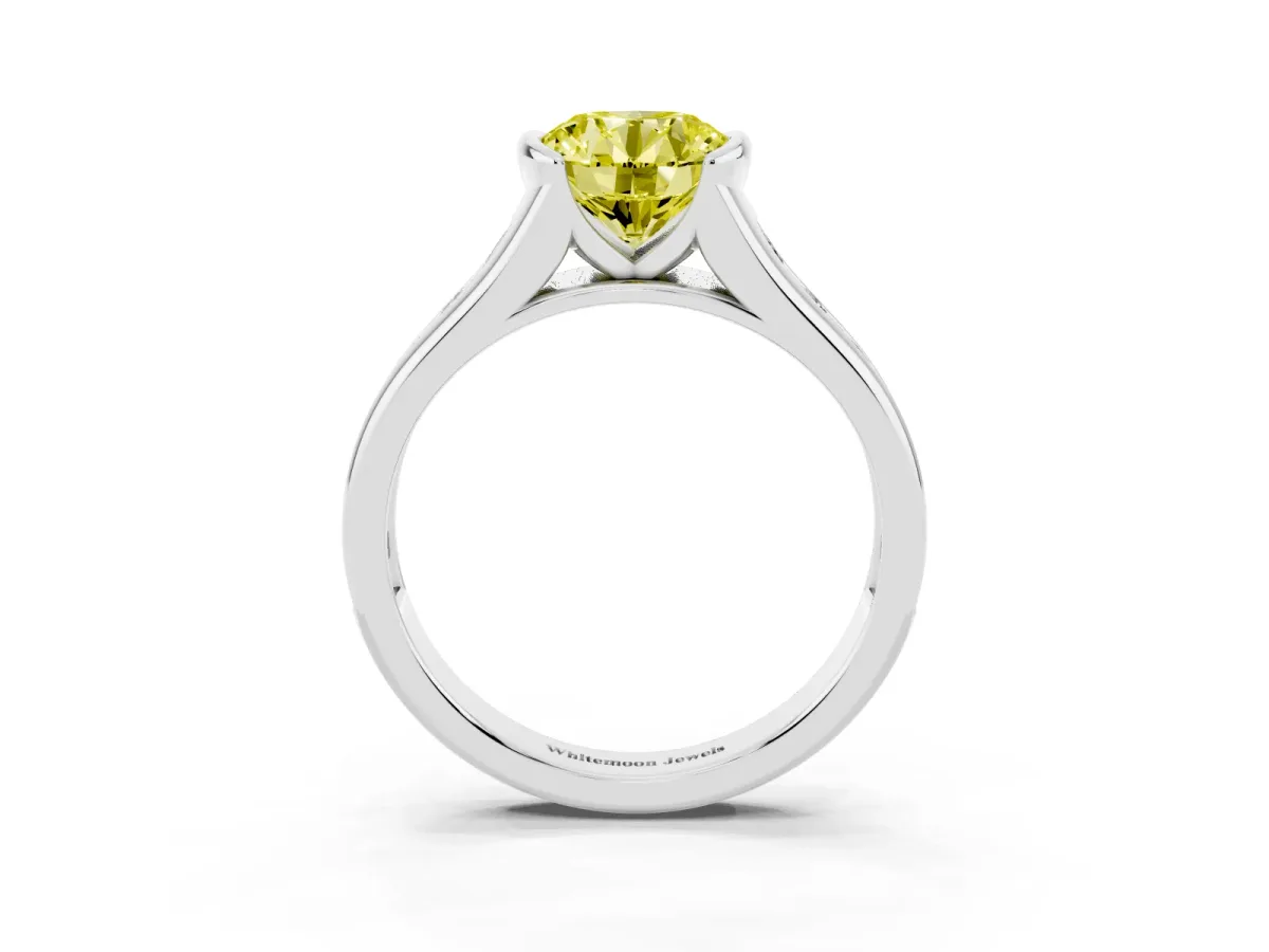 Fancy Yellow Round Cut Solitaire Bezel-Set Diamond Ring with Channel-Set Band Silver