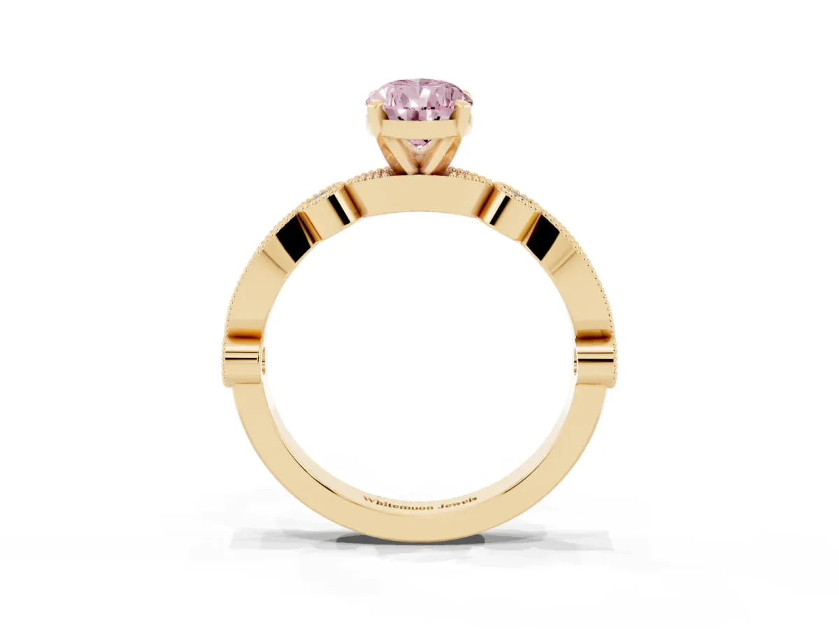 Fancy Pink Pear Cut Milgrain Bezel Diamond Engagement Ring with Solitaire Prong Setting Yellow gold