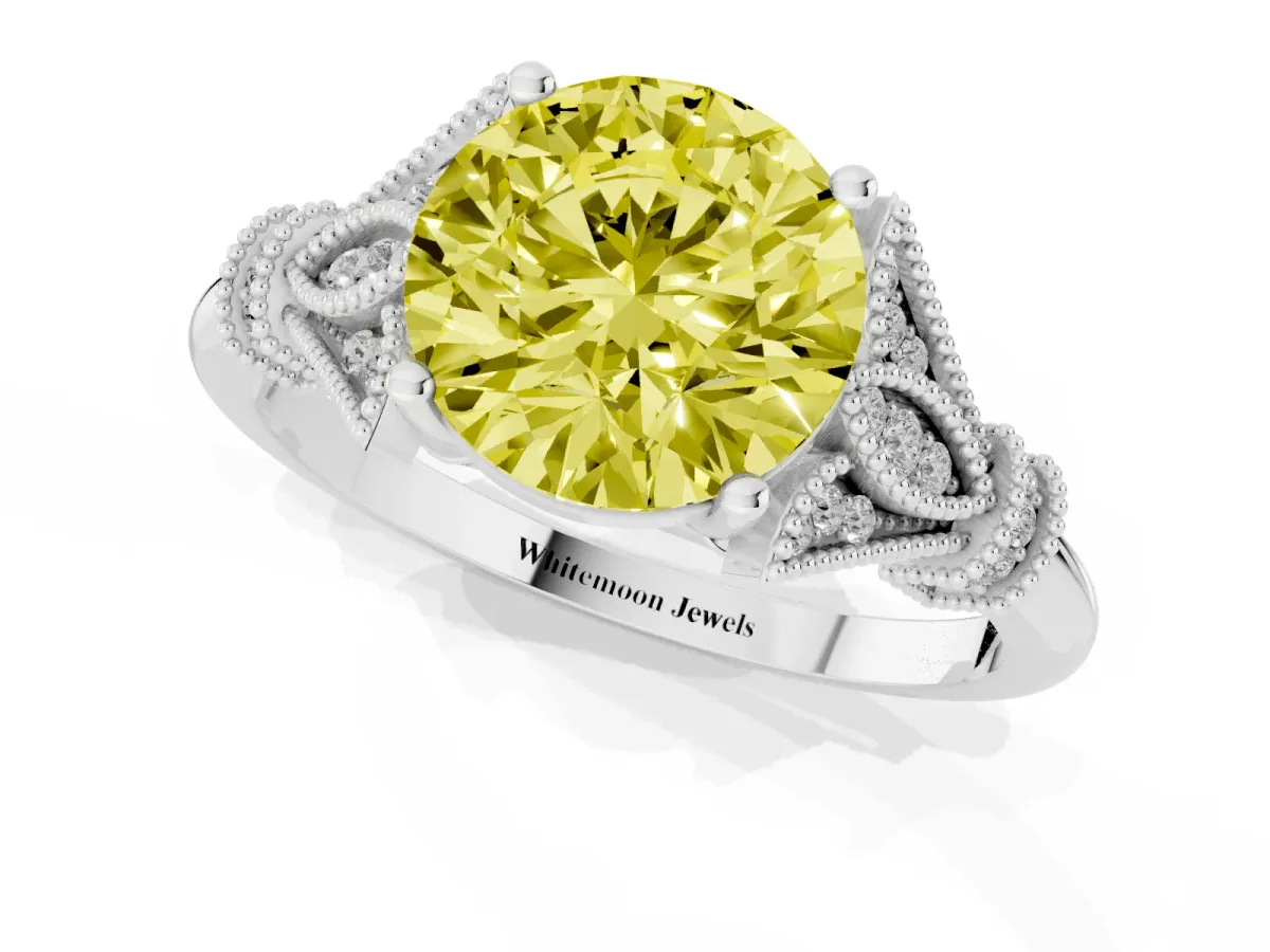 Fancy Yellow Round Cut Diamond Solitaire Ring with Floral Filigree and Pave Accents White gold