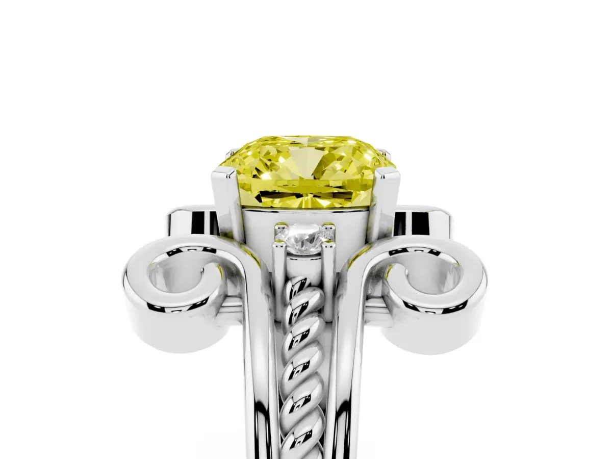 Fancy Yellow Cushion Cut Solitaire Twisted Band Scroll Prong Ring Platinum