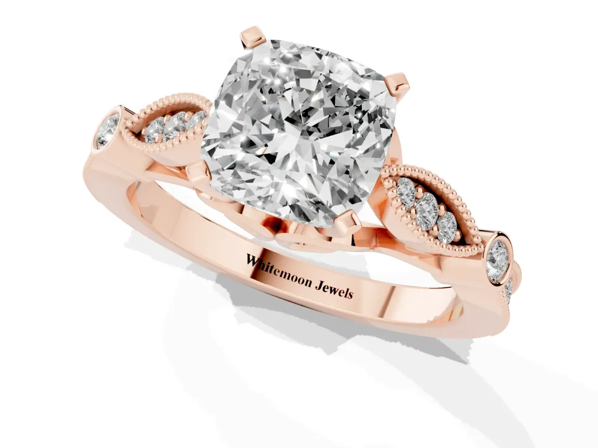 Cushion Cut Cut Diamond with Milgrain Marquise and Bezel Accents on a Solitaire Band with Prong Setting Rose gold