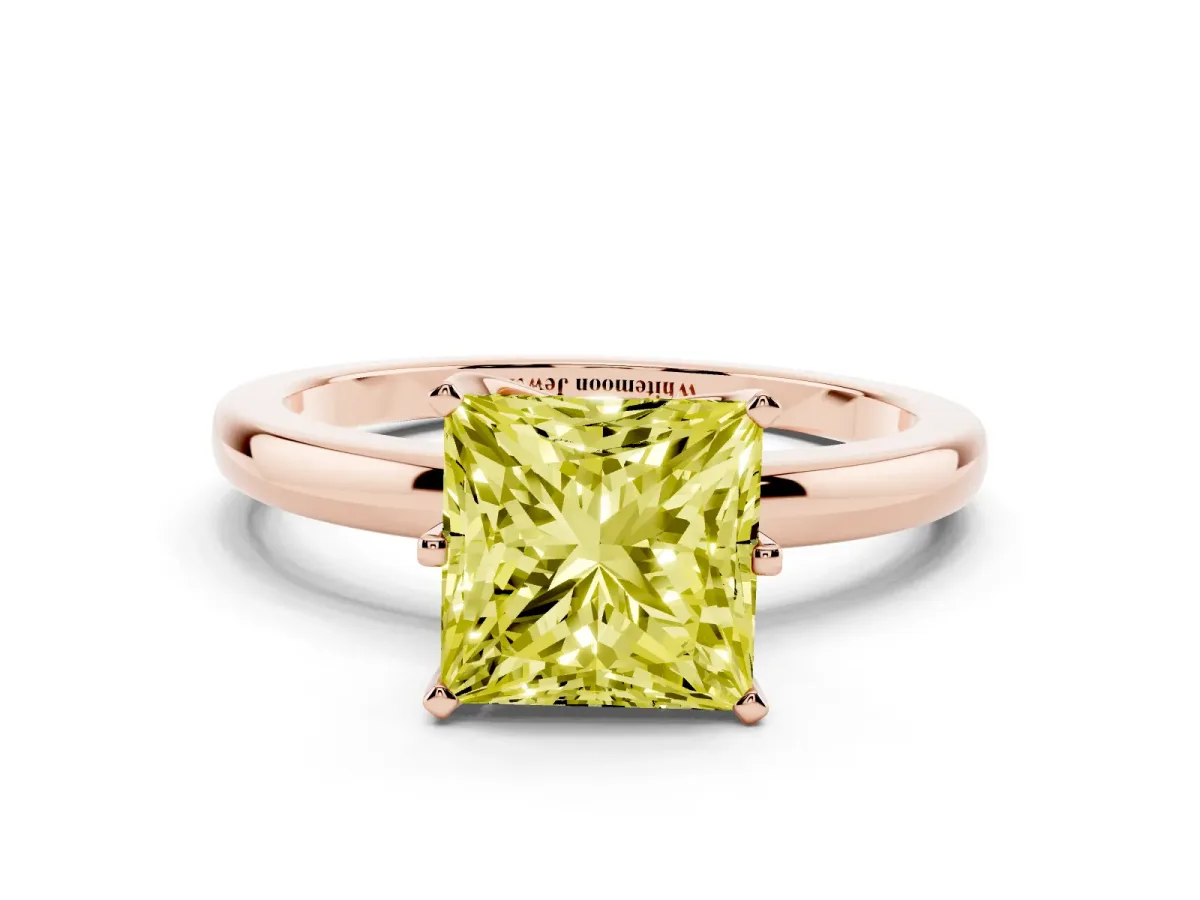 Fancy Yellow Princess Cut Solitaire Diamond Ring with Six-Prong Setting on a Classic Band Rose gold
