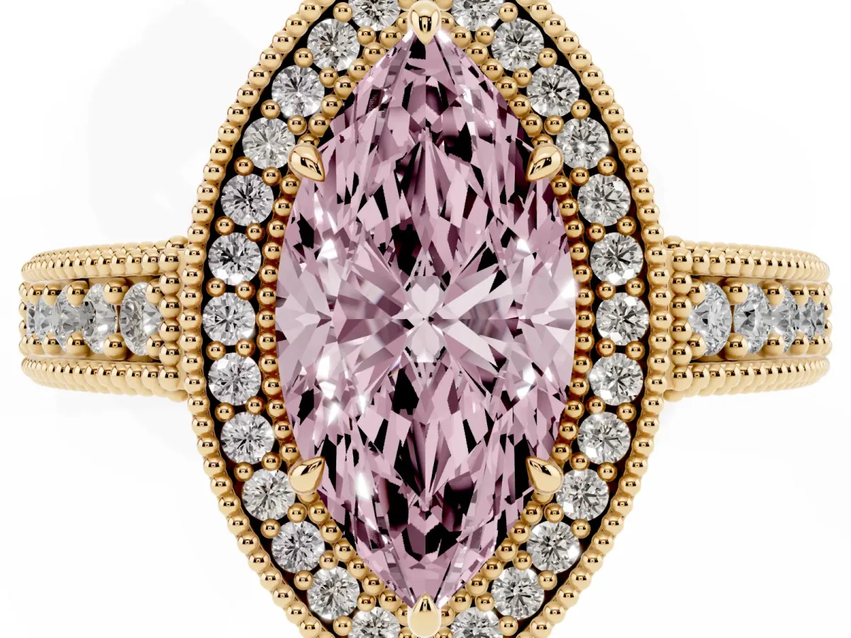 Fancy Pink Marquise Cut Cut Halo Diamond Ring with Pavé Band and Four-Prong Setting Yellow gold