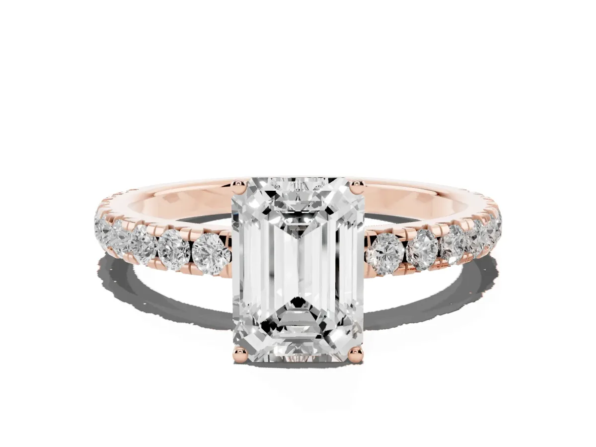 Emerald Cut Diamond Pavé Solitaire Engagement Ring with Four-Prong Setting Rose gold