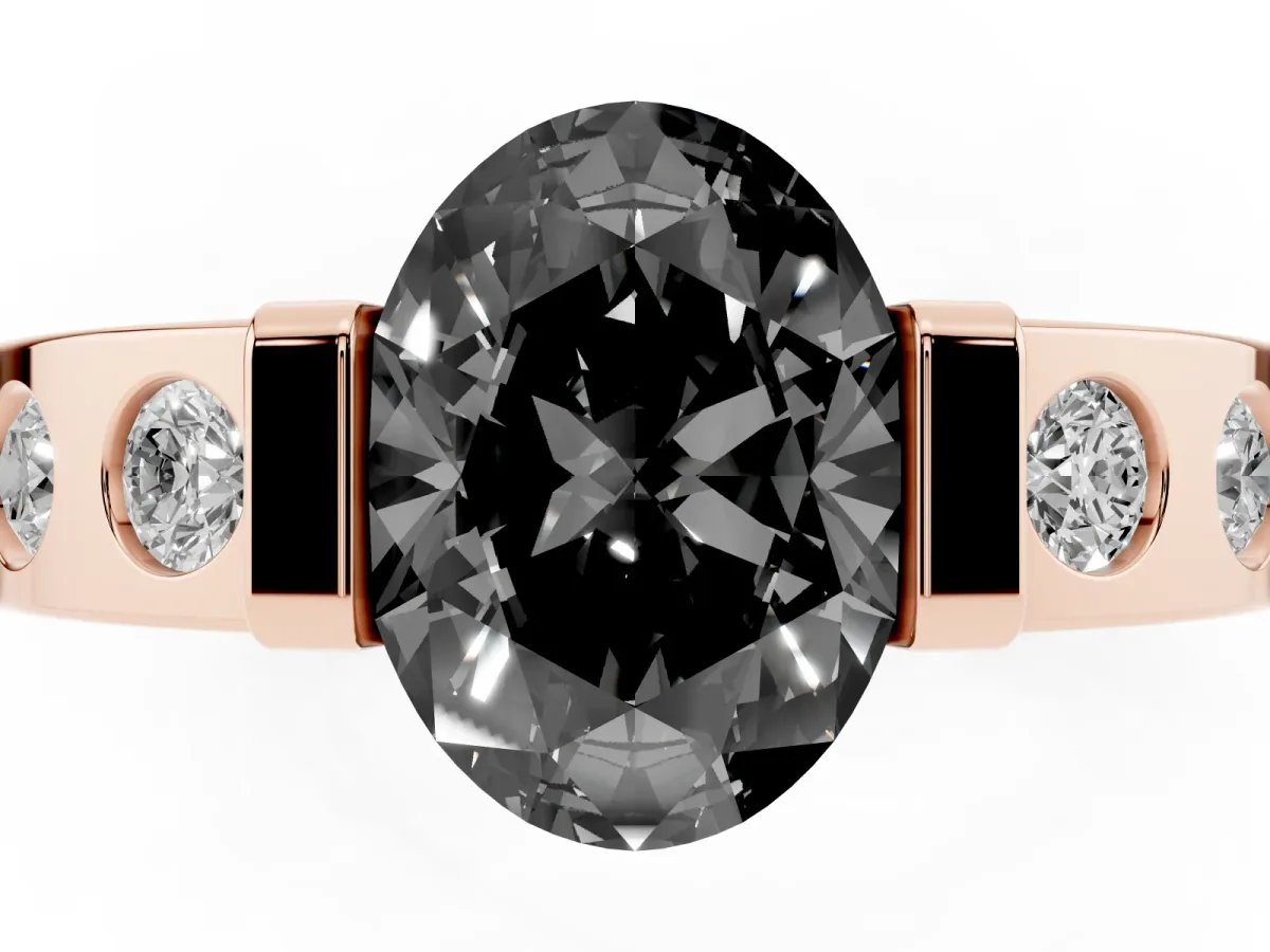 Fancy Black Oval Cut Brilliant Channel-Set Diamond Ring with Bezel Prong Setting Rose gold