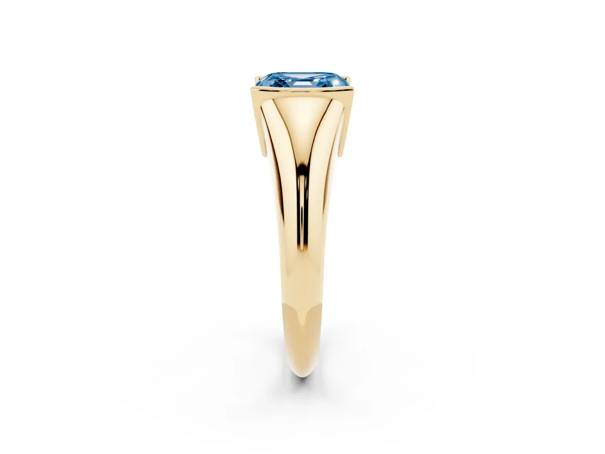 Fancy Blue Asscher Cut Solitaire Tension Set Diamond Ring Yellow gold