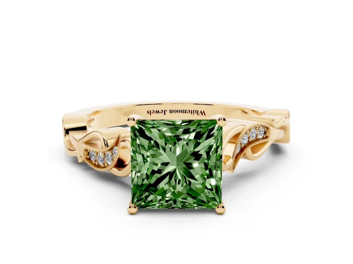 Fancy Green Princess Cut Solitaire Vine Band with Milgrain Prong Setting Yellow gold