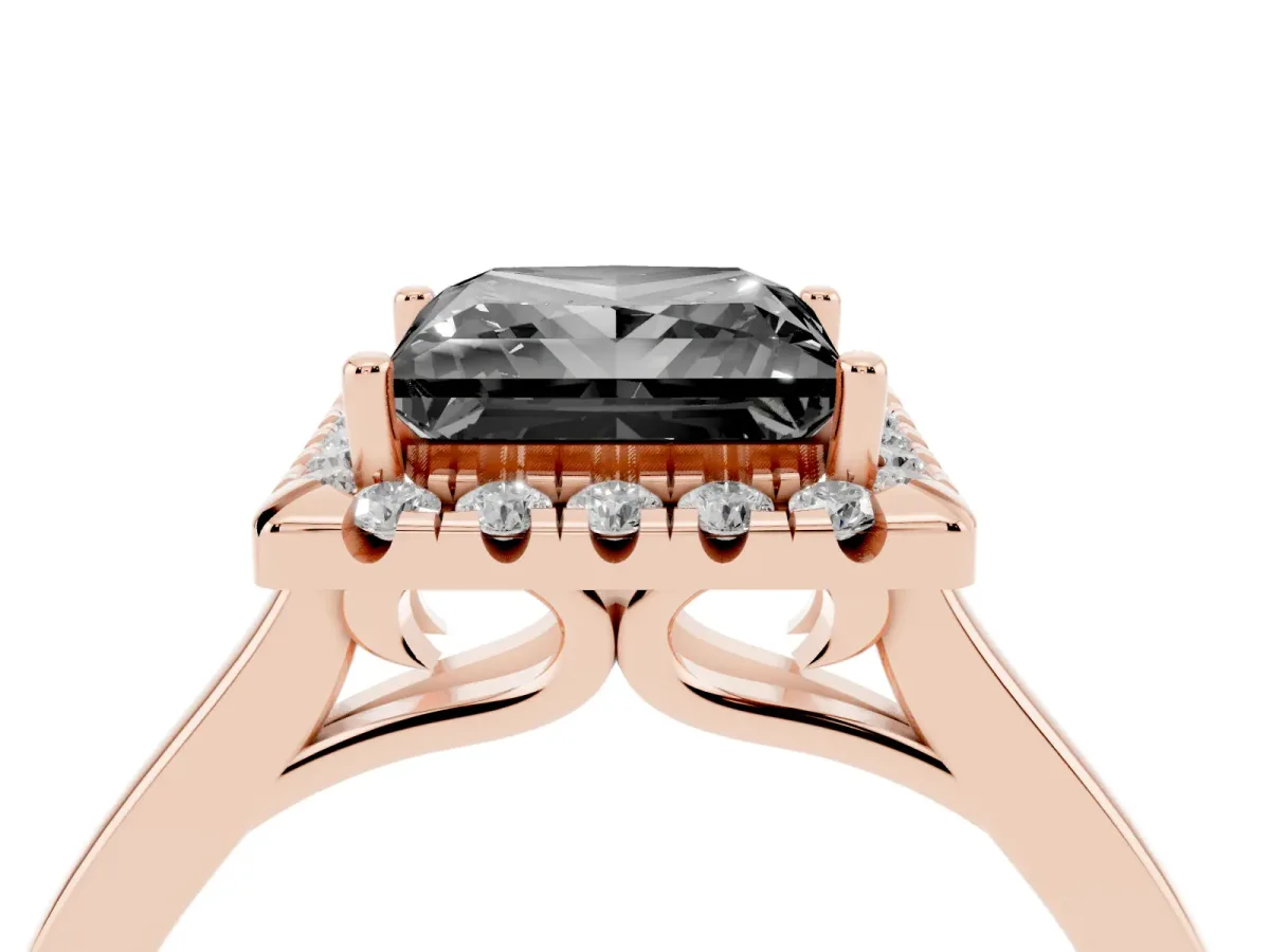 Fancy Black Princess Cut Halo Round Diamond Solitaire Ring with Pavé Band and Four-Prong Setting Rose gold