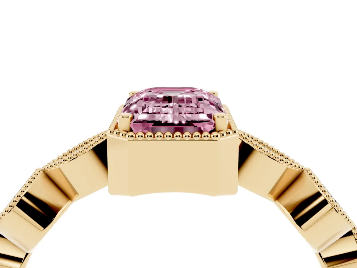 Fancy Pink Emerald Cut Diamond Vintage Milgrain Ring with Round Stations Yellow gold