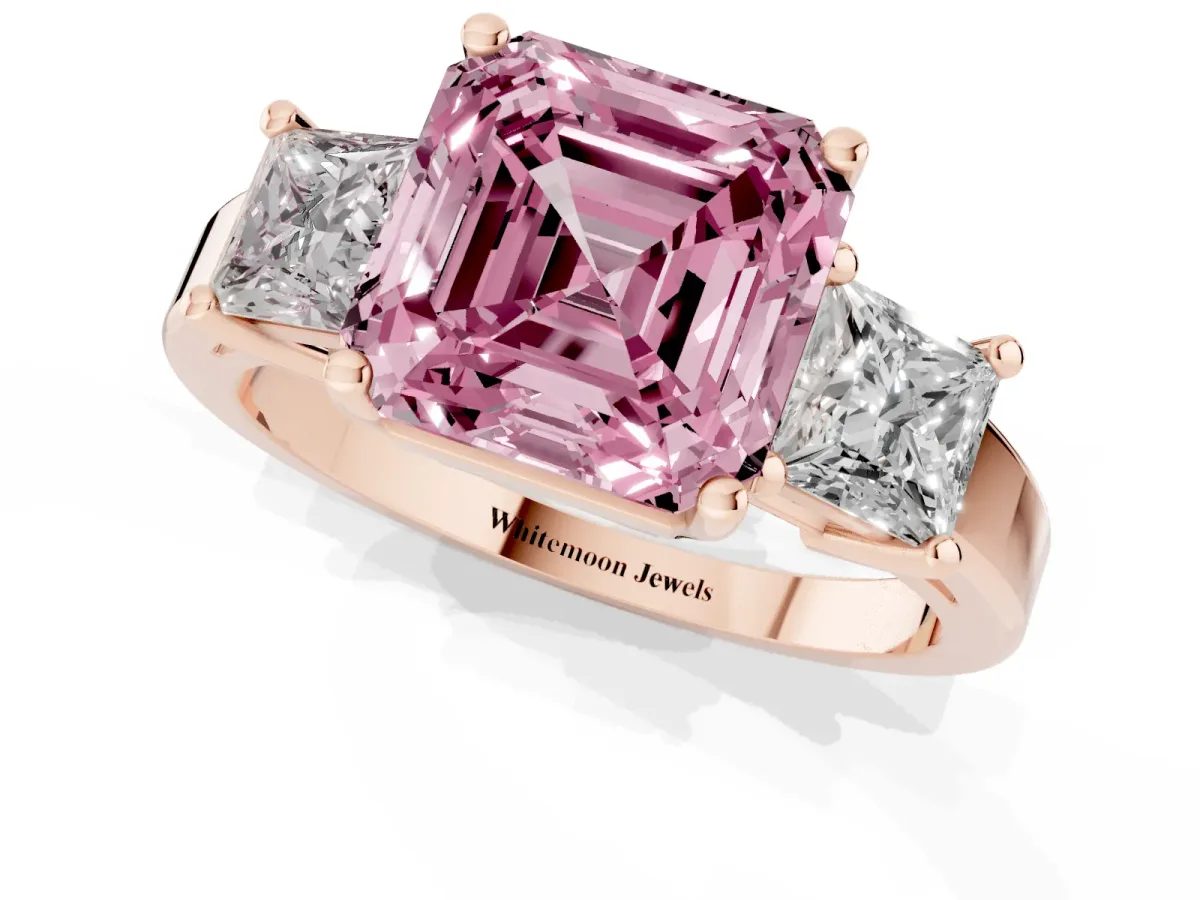 Fancy Pink Three-Stone Asscher Cut Cut Solitaire Ring with Prong Setting Rose gold