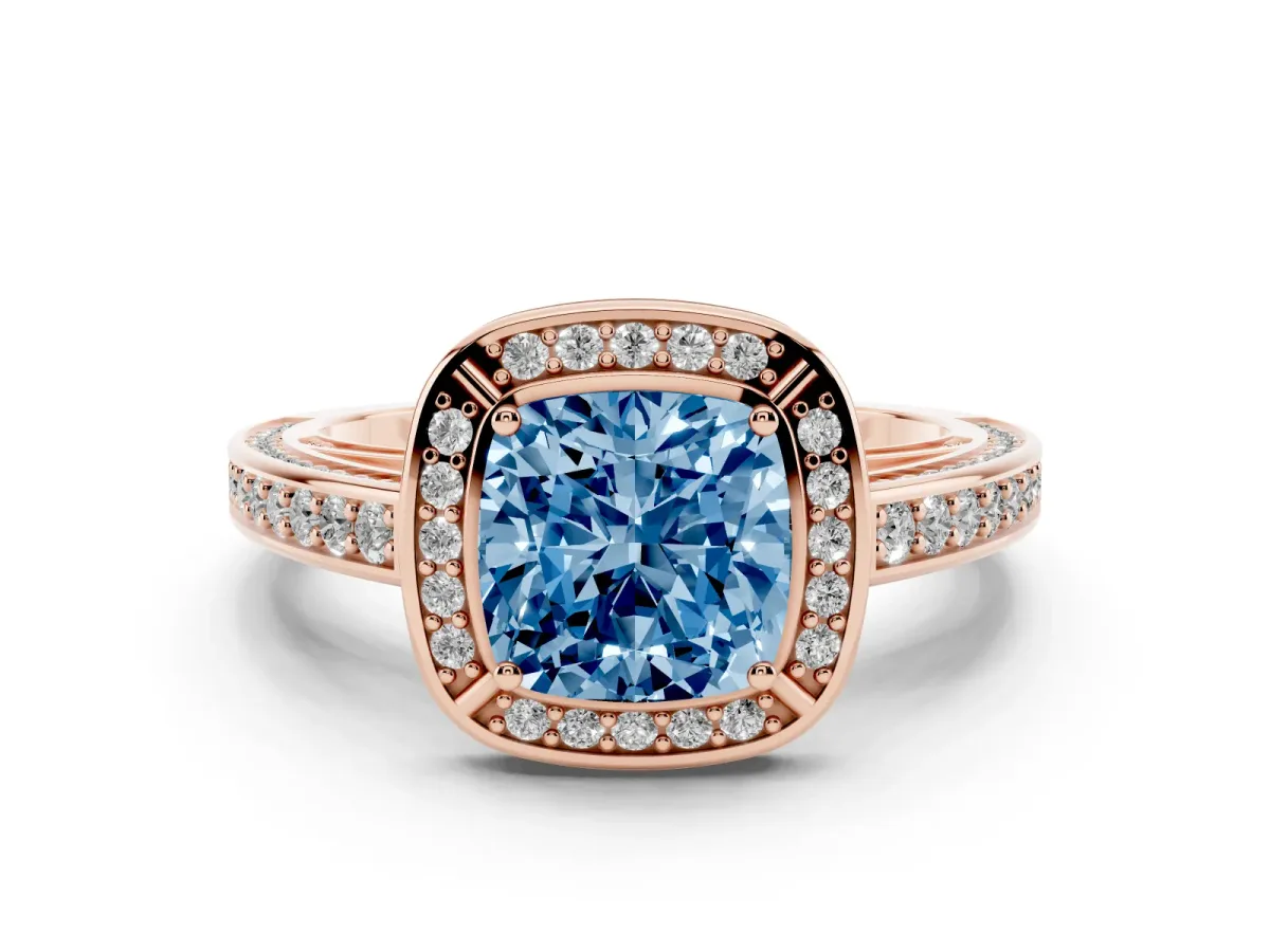 Fancy Blue Cushion Cut Cut Halo Pave Split Shank Prong Setting Ring Rose gold
