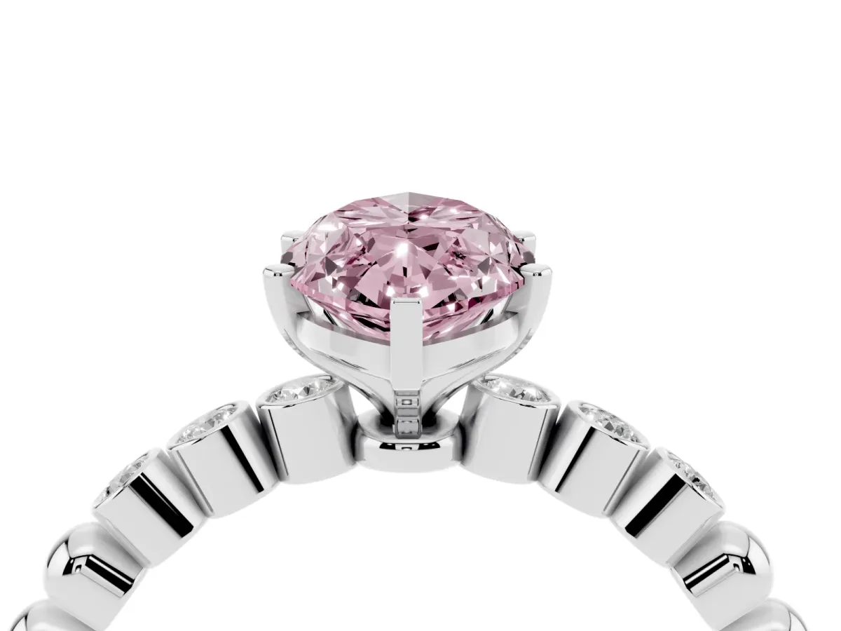 Fancy Pink Marquise Cut Solitaire Bezel Accent Diamond Engagement Ring with Beaded Band and Four-Prong Setting Platinum