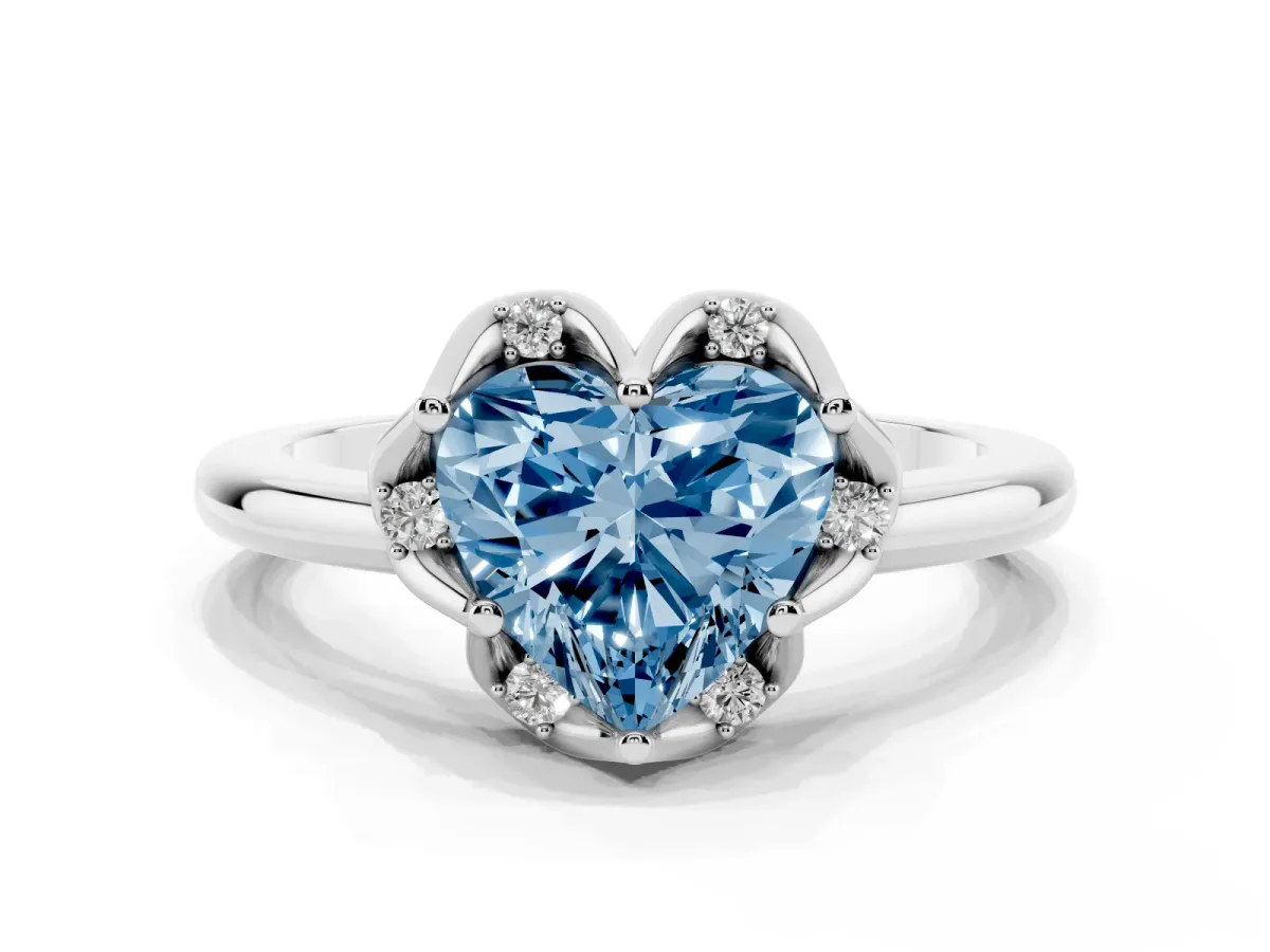 Fancy Blue Heart Cut Halo Diamond Ring with Round Cluster Setting, Solitaire Band, and Four-Prong Setting Platinum