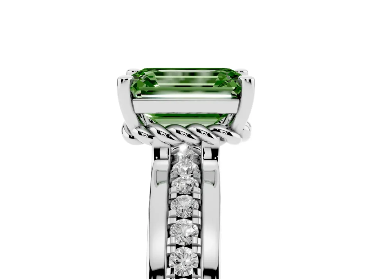 Fancy Green Emerald Cut Solitaire Diamond Ring with Channel Set Band and Six-Prong Setting Silver