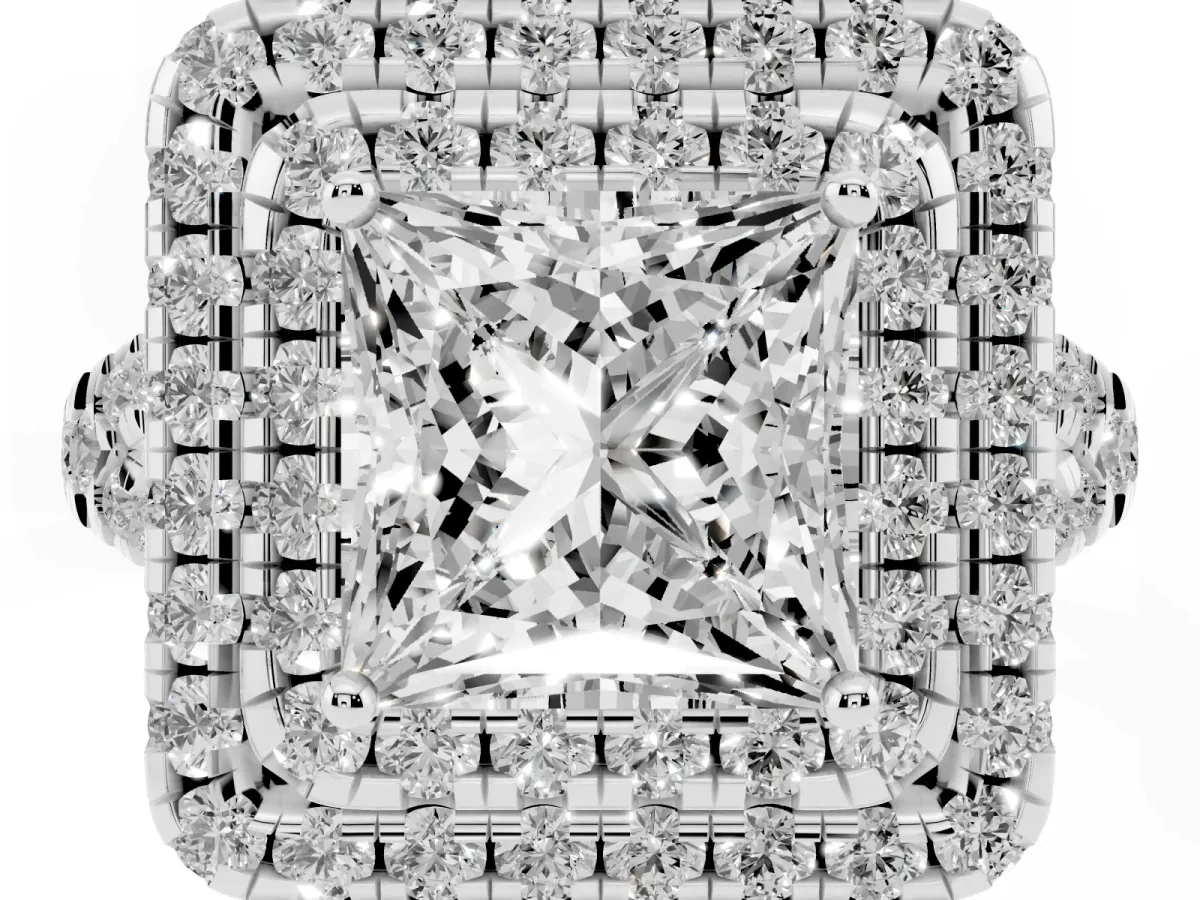 Double Halo Princess Cut Diamond Pavé Split Shank Ring with Prong Setting Platinum